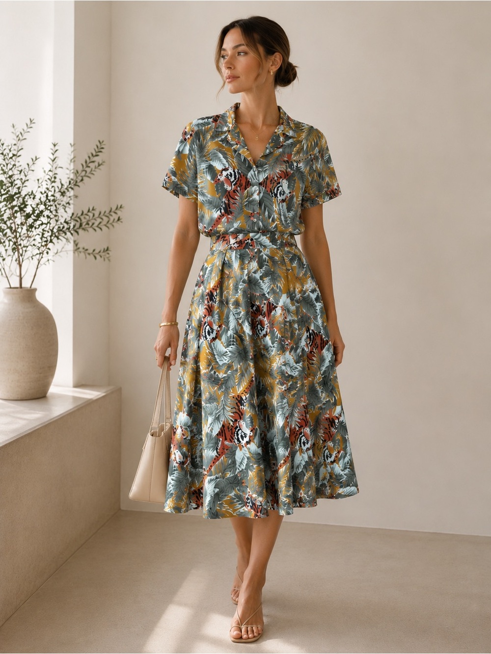 Paris Star Vintage tropical tiger camp collar short sleeve top and skirt set